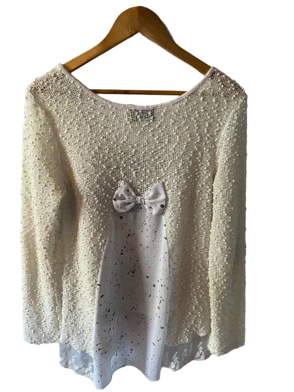 Joseph Ribkoff Popcorn Knit Tunic Mixed Media Sweater 8 Artsy Woman Lace Bow - Picture 2 of 7